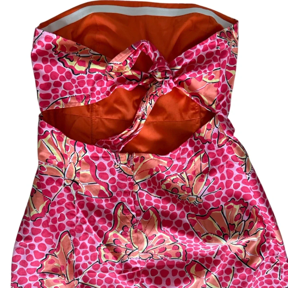 Lilly Pulitzer Strapless Pink and Orange Butterfly Tie Back Dress Size 6 - Picture 3 of 6